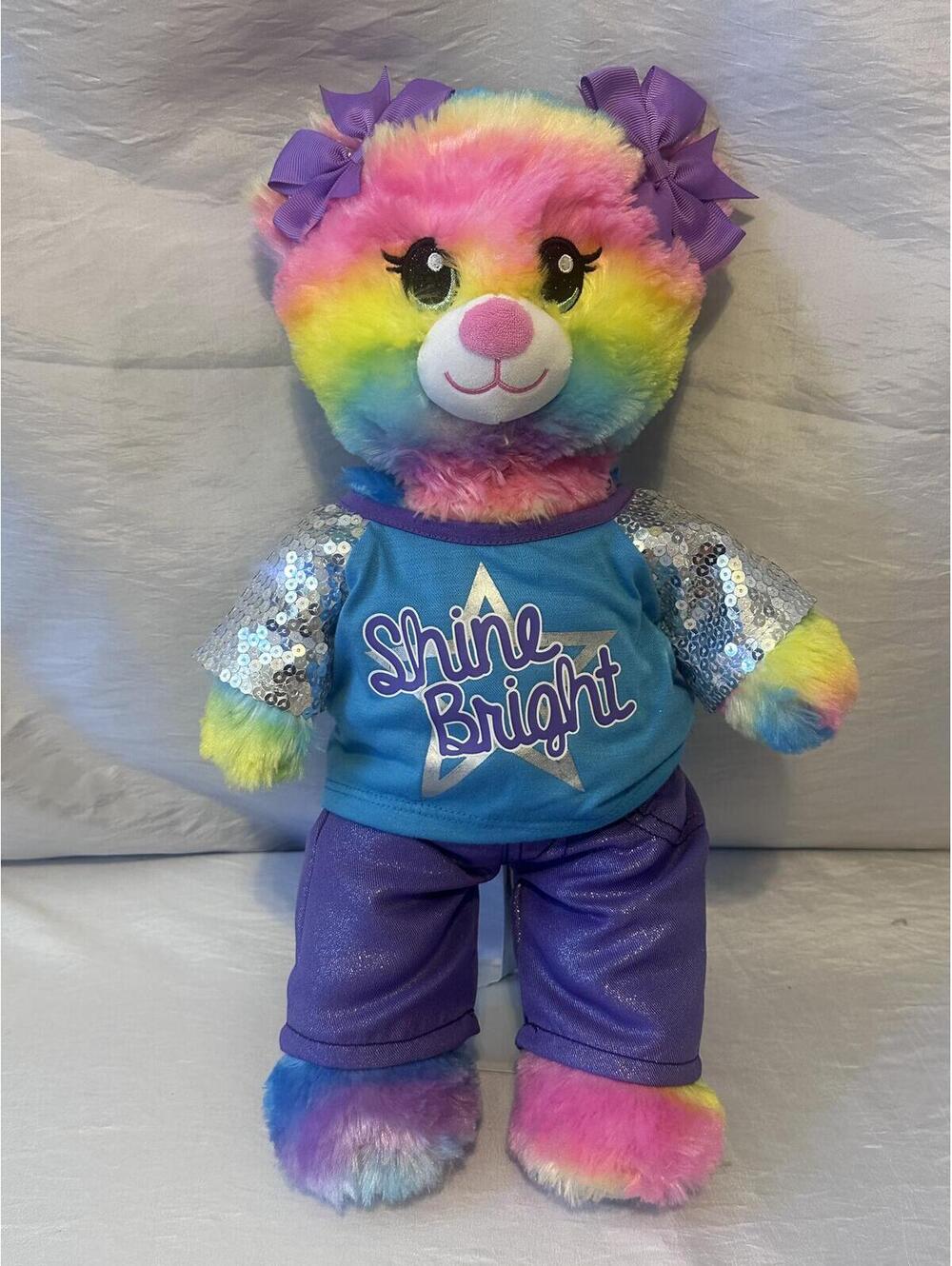 Build-A-Bear Workshop Rainbow Hugs Sparkle Paws Plush Teddy W/Outfit BAB EUC